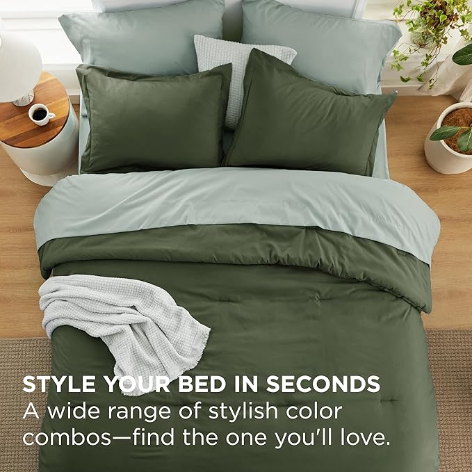 Bedsure King Size Comforter Set - 7 Pieces Olive Green King Bedding Set for All Seasons, Boho Contrasting Design Bed in a Bag with Comforter, Sheets, Pillowcases & Shams