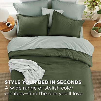 Bedsure King Size Comforter Set - 7 Pieces Olive Green King Bedding Set for All Seasons, Boho Contrasting Design Bed in a Bag with Comforter, Sheets, Pillowcases & Shams