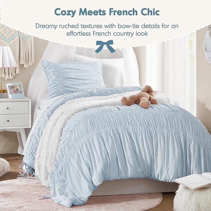 Intelligent Design Ruched Shabby Chic Comforters for Twin Size Bed, All Season Lightweight Comforter Twin, French Country Bedding Set, Sham, Ella, Twin/Twin XL, Blue, 2 Piece