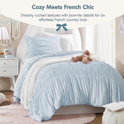 Intelligent Design Ruched Shabby Chic Comforters for Twin Size Bed, All Season Lightweight Comforter Twin, French Country Bedding Set, Sham, Ella, Twin/Twin XL, Blue, 2 Piece