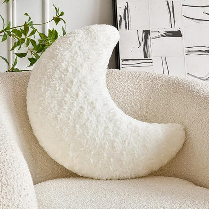 Moon Pillow, Decorative Throw Pillow with Soft Faux Fur for Couch Bed Sofa, Cute Half Moon Pillows with Room Decor for Bedroom Living Room (19 Inches, White)