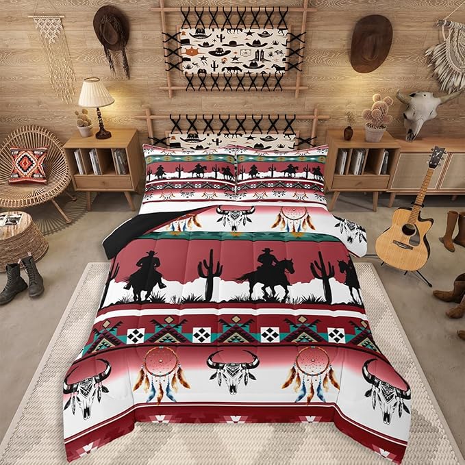 Erosebridal Full Size Western Bedding Set Longhorn Skull Dream Catcher Boho Comforter Set for Kids Boys Teens Adult Bedroom, Cowboy Horse Western Duvet Insert Southwestern Geometric Quilt, Red