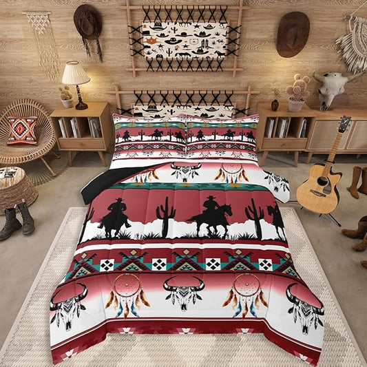 Erosebridal King Size Western Bedding Set Longhorn Skull Dream Catcher Boho Comforter Set for Kids Boys Teens Adult Bedroom, Cowboy Horse Western Duvet Insert Southwestern Geometric Quilt, Red