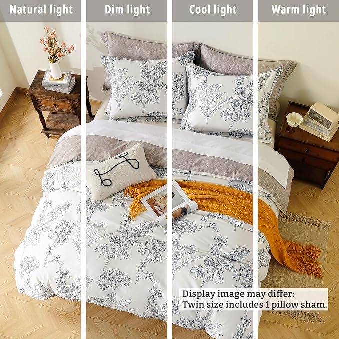 Floral Cotton Comforter Twin Size 2Pcs - Vintage Design with Luxurious Black Sketched Flowers & Leaves on Cream, Retro Taupe Reversible Lightweight Bedding Sets with Soft Fill(68"×90")