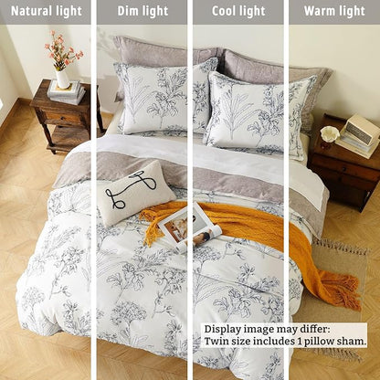 Floral Cotton Comforter Twin Size 2Pcs - Vintage Design with Luxurious Black Sketched Flowers & Leaves on Cream, Retro Taupe Reversible Lightweight Bedding Sets with Soft Fill(68"×90")