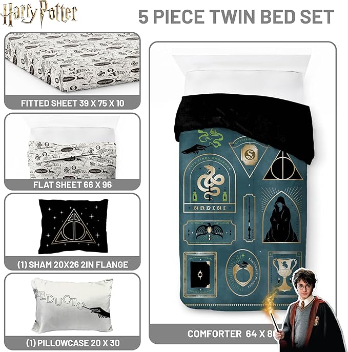 Jay Franco Kids Comforter Set Includes Sheets and Pillow Covers - Soft and Cozy Bed Set for Stylish Room Decor, Blue - Harry Potter, 5 Piece Twin Size Bedding