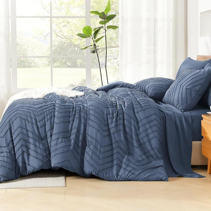 Litanika Full Size Comforter Set with Sheets Ocean Blue - 7 Pieces Bed in a Bag Full Chevron Tufted Complete Bedding Sets with Comforter, Sheets, Pillowcases & Shams