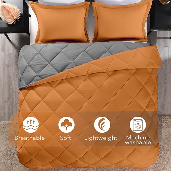 downluxe Queen Comforter Set - Burnt Orange and Grey Queen Comforter, Soft Bedding Sets for All Seasons -3 Pieces - 1 Comforter (88"x92") and 2 Pillow Shams(20"x26")