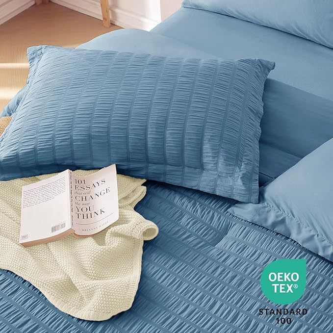 MUXHOMO 7 Pieces King Comforter Set, Seersucker Bed in a Bag King Size, All Season Luxury Bedding Set with Comforter, Flat Sheet, Fitted Sheet, Pillowcases & Shams, Mineral Blue