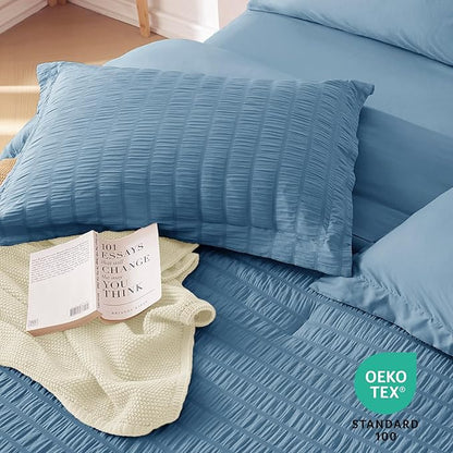 MUXHOMO 7 Pieces King Comforter Set, Seersucker Bed in a Bag King Size, All Season Luxury Bedding Set with Comforter, Flat Sheet, Fitted Sheet, Pillowcases & Shams, Mineral Blue