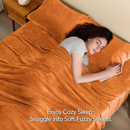BEDELITE Flannel Sheets Queen Size Burnt Orange - Super Soft Fall Fleece Sheets Set Fluffy Extra Plush, 4 Piece(Include Fitted Sheet, Flat Sheet, 2 Pillowcases)