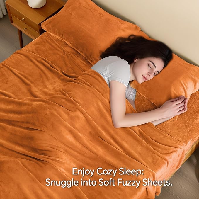 BEDELITE Flannel Sheets Twin Size Burnt Orange - Super Soft Fall Fleece Sheets Set Fluffy Extra Plush, 3 Piece(Include Fitted Sheet, Flat Sheet, 1 Pillowcase)