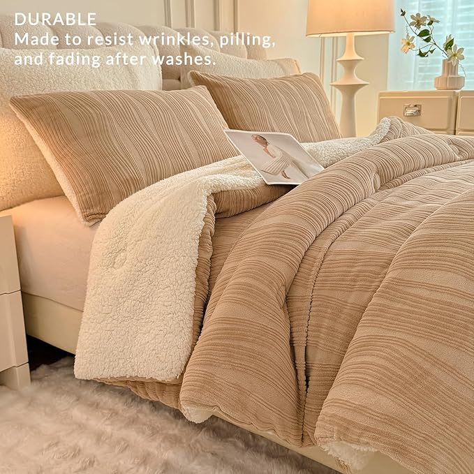 3D Striped Jacquard Sherpa Comforter Set Twin Size, Boho Geometric Pattern Quilt Bedding 2 Pieces Warm Cozy Fuzzy Comforter with 2 Pillowcases(68"X90" Beige)