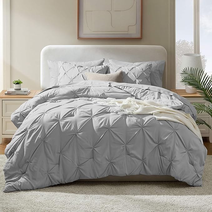 Nestl King Size Comforter Set 7 Pieces - Pinch Pleated Comforter Set Light Grey, Bed in a Bag, All Season Bed Set, Bedding Set with Flat Sheet, Fitted Sheet, Pillowcases and Shams