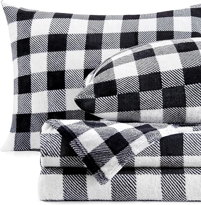 BEDELITE Flannel Sheets Queen Size Bed Set, Luxury Red and Black Plaid Winter Bedding Set, Super Soft & Warm Fuzzy Fleece Sheets 4 Piece(Include Fitted Sheet, Flat Sheet, 2 Pillowcases)