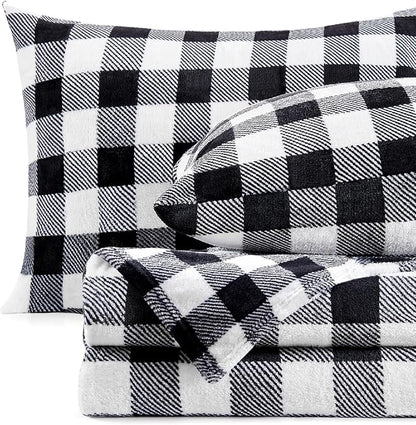 BEDELITE Flannel Sheets Queen Size Bed Set, Luxury Red and Black Plaid Winter Bedding Set, Super Soft & Warm Fuzzy Fleece Sheets 4 Piece(Include Fitted Sheet, Flat Sheet, 2 Pillowcases)