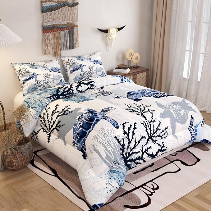 Sea Turtle Comforter Set, White Color 3D Pattern for Kids Teens Adults,Decorative Bedding Comforter Sets with 2 Pillow Shams, Full Size