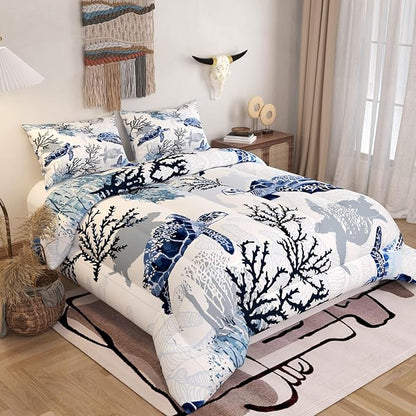 Sea Turtle Comforter Set, White Color 3D Pattern for Kids Teens Adults,Decorative Bedding Comforter Sets with 2 Pillow Shams, Full Size