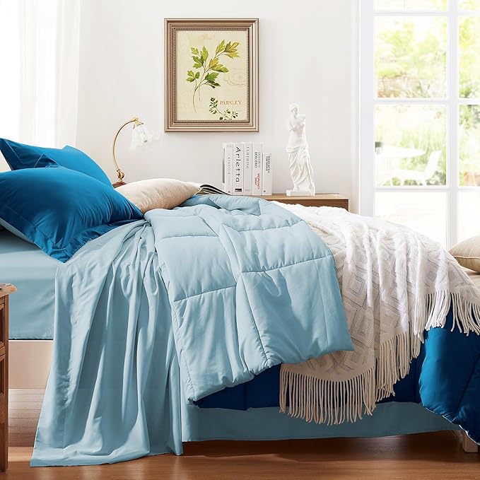 Anluoer Queen Comforter Set,Teal&Light Blue Bed in a Bag 7 Piece,Lightweight Bedding Set with Soft Down Alternative Fill,Bed Set Includes Comforter, Fitted Sheet, Flat Sheet,Pillowcases and Shams