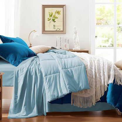 Anluoer Queen Comforter Set,Teal&Light Blue Bed in a Bag 7 Piece,Lightweight Bedding Set with Soft Down Alternative Fill,Bed Set Includes Comforter, Fitted Sheet, Flat Sheet,Pillowcases and Shams