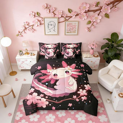 Erosebridal Cartoon Axolotl 7 Piece Comforter Set Full | Wildlife Cherry Blossom Japanese Bed in A Bag Underwater World Pink Salamander Sheet Set Ocean Animal Fitted Sheet Breathable Lightweight