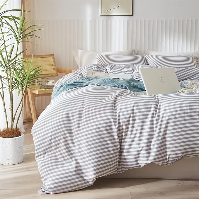 mixinni Striped Comforter Set Queen Size - Grey White Stripes Pattern Bed Set for Women and Men, 3 Pieces Lightweight Bedding Comforter Sets for All Seasons (1 Soft Fluffy Comforter + 2 Pillowcases)