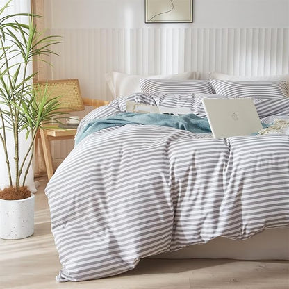 mixinni Striped Comforter Set Queen Size - Grey White Stripes Pattern Bed Set for Women and Men, 3 Pieces Lightweight Bedding Comforter Sets for All Seasons (1 Soft Fluffy Comforter + 2 Pillowcases)