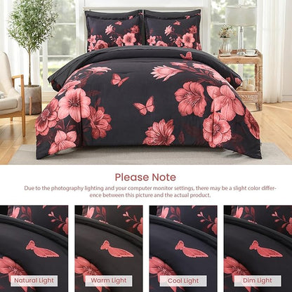 Floral King Size Comforter Set, 7 Piece Black Bed in a Bag, Elegant Flower Pattern Comforter Set with Sheet, Soft Microfiber Complete Bedding Sets for All Season