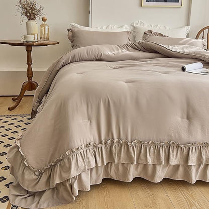 AIKASY Taupe Comforters Queen Size Set, Vintage Boho Chic Farmhouse Bedding Sets Shabby Ruffle Queen Bed Comforter Bedding 3PCS（1 Comforter and 2 Pillowcases）