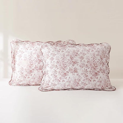 Lush Decor Peony Toile Reversible Cotton Quilt 3 Piece Set Full/Queen Rosewood - Floral Quilt - Pink Bedding Set - Scalloped Edge - Coquette Decor