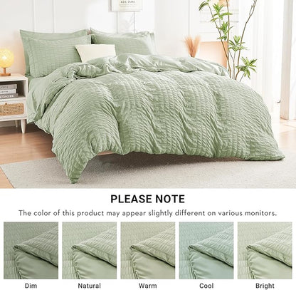 HYMOKEGE Light Green Twin XL Comforter Set Seersucker 5 Pieces, All Season Luxury Bed in a Bag for Bedroom, Bedding Set with Comforter, Sheets, Pillowcase & Sham
