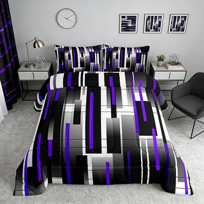 Castle Fairy Black Purple King Size Comforter Set,Kids Abstract Stripes Decor All Season Bedding Set,Teens Modern Simple Comforter,Square Grid Decor Quilt Set Bedroom Collection 3Pcs
