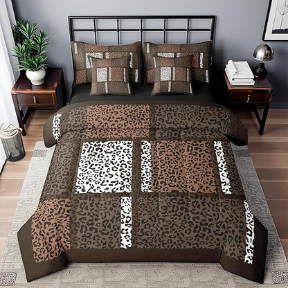 Leopard Print Bedding Set 7 Pcs King,Brown White Wild Animal Skin Comforter Sets for Adult Women Bedroom,African Cheetah Wildlife Patchwork 7pcs Bed in a Bag with Comforter,Sheets and Pillow Cases