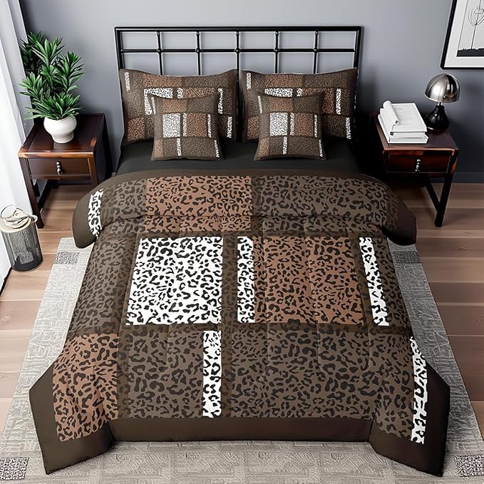 Leopard Print Comforter Set 7 Pieces,African Cheetah Wildlife Animal Skin Bed Set,3D Geometric Patchwork Bedding Set,Queen Size(1 Comforter,2 Pillowcase,2 Pillow Covers,1 Flat Sheet,1 Fitted Sheet)