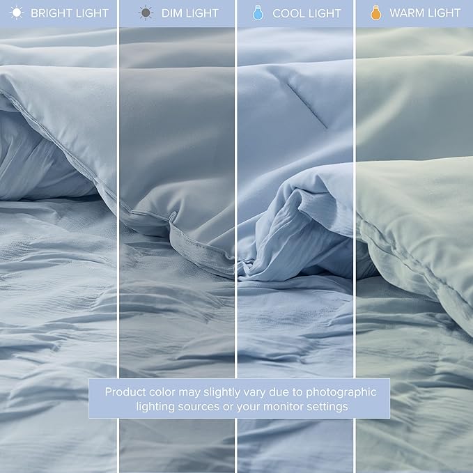 Comfort Spaces Comforter for Queen Size Bed, Ogee Ruched with Crinkle Texture, Breathable Comforter Set Queen, All Season Lightweight Bedding Set, Shams, Décor Pilow, Full/Queen Blue 4 Piece