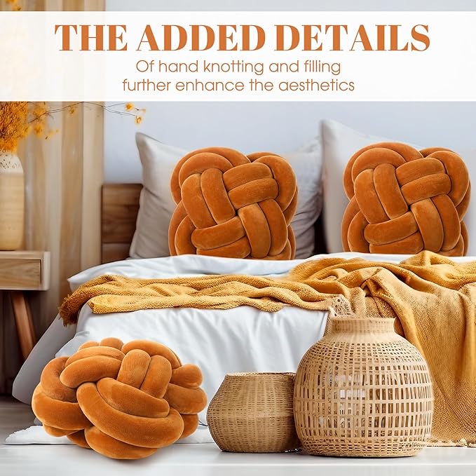 2 Pcs Knot Pillow Balls Set, 12 Inch Soft Decorative Throw Knot Pillow Ball, Large Square Knotted Floor Cushion for Living Room Bedroom Sofa Couch Bed Home Decoration(Caramel Brown)
