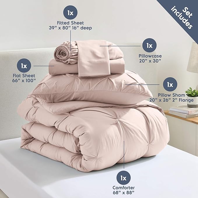 Nestl Twin XL Comforter Set 5 Piece - Pintuck Twin XL Bedding Set Blush Pink, College Dorm Room Essentials Bed in a Bag, Twin XL Comforter Set for College Girls & Boys with Sheets, Pillowcase and Sham