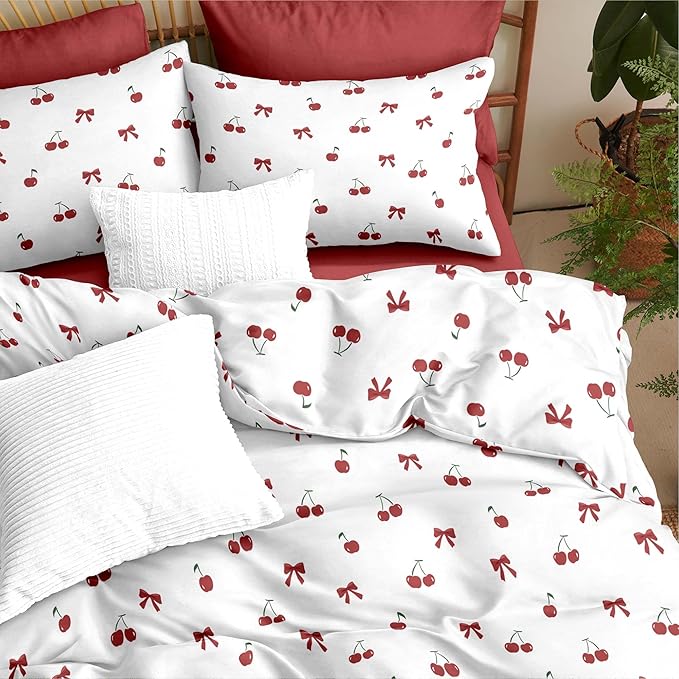 Nayoroom Red Cherry Comforter Set Queen Size Cute Bow Comforter 3 Pieces Soft Lightweight Kids Girls Aesthetic Dorm Bedding Set for All Seasons