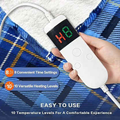 Electric Blanket Heated Full, Soft Flannel 72"x84" Plaid Heating Blanket with 8 Hours Auto Off 10 Fast Heating Levels Machine Washable Sherpa Heated Blanket with Overheating Protection