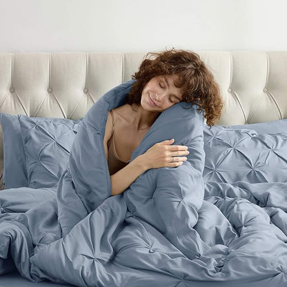 Nestl Queen Comforter Set 7 Piece - Pinch Pleated Comforters Queen Size Stone Blue, Bed in a Bag Queen All Season, Queen Size Comforter Set Bedding with Flat Sheet, Fitted Sheet, Pillowcases and Shams