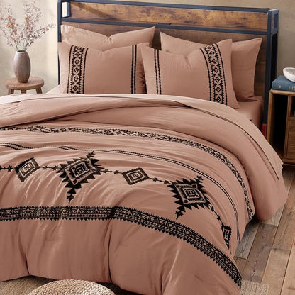 MaiRêve Embroidery Comforter Set, Boho Farmhouse Western Bedding Set, All Season Bed in A Bag Comforter Set with Sheets, Pillowcases & Shams, Dusty Pink Full 7 Pieces