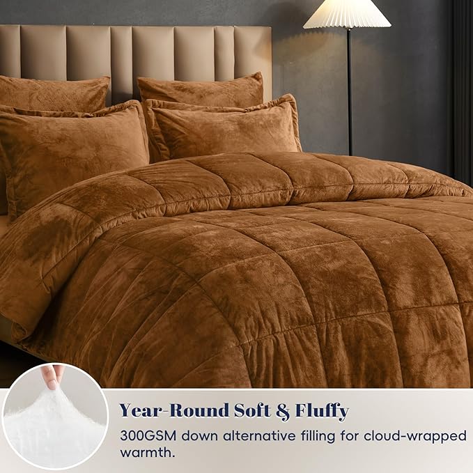 PHF Double-Sided Velvet Comforter Set Queen Size, 5 Piece Soft Luxury Winter Warm Bedding Sets, Modern Bed in A Bag Including 1 Cozy Comforter, 2 Pillow Shams, 2 Euro Shams for Home Decor, Camel