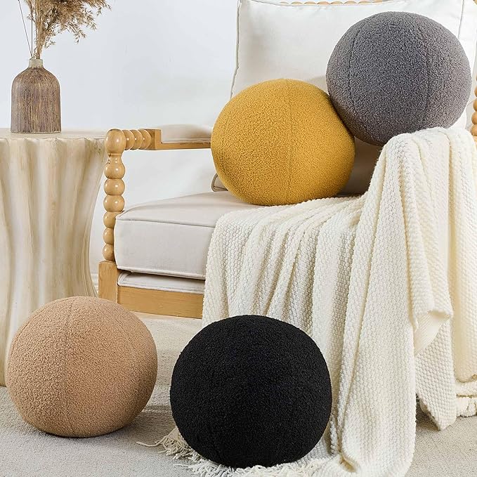 11.8 inch Ball Pillow Round Decorative Pillow Yellow Sphere Shaped Throw Pillows Soft Nordic Style Boucle Pillows Cushion for Bed Couch Living Sofa Room Decor
