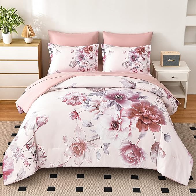 Floral Comforter Sets 7 Piece Bed in a Bag, Soft Lightweight Microfiber Bed Comforter Set with Sheets (Pink,King)