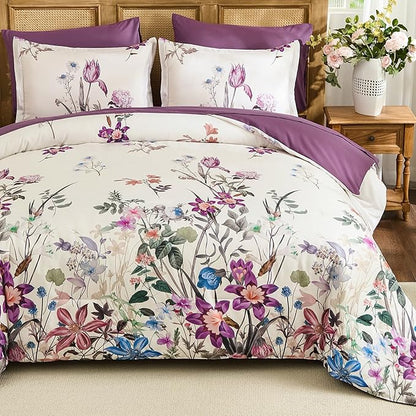 WONGS BEDDING Queen Comforter Set 7 Piece, Purple Floral Bed in a Bag Bedding Set with Botanical Flowers Patterns, Soft Lightweight Complete Comforters with Sheets for All Season