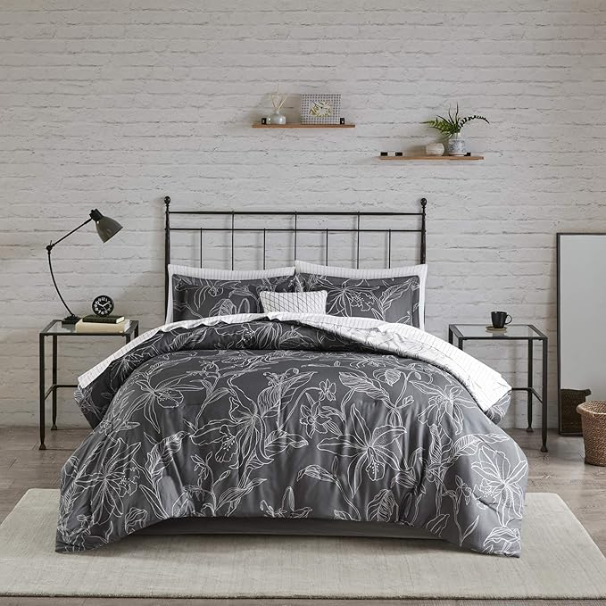 Madison Park Essentials Cozy Bed In A Bag Comforter with Complete Cotton Sheet Set - Trendy Floral Design All Season Cover, Decorative Pillow, Full(78"x86"), White/Charcoal 9 Piece