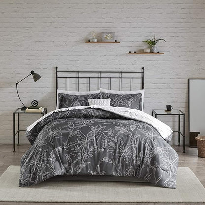 Madison Park Essentials Cozy Bed In A Bag Comforter with Complete Cotton Sheet Set - Trendy Floral Design All Season Cover, Decorative Pillow, Full(78"x86"), White/Charcoal 9 Piece
