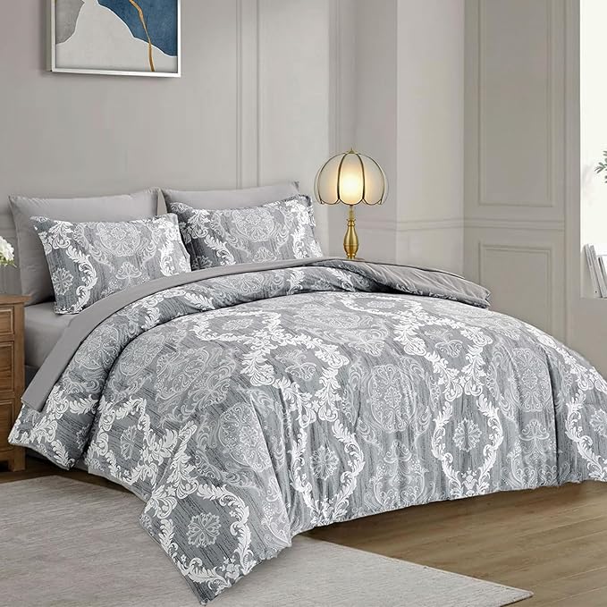 WONGS BEDDING Grey Comforter Set King Size, Damask Texture 7 Pieces Gray Bed in a Bag Microfiber Boho Comforter Bedding Sheet Set with Comforter, Flat Sheet, Fitted Sheet,Pillow Shams,Pillowcases