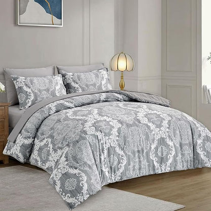 WONGS BEDDING Grey Comforter Set King Size, Damask Texture 7 Pieces Gray Bed in a Bag Microfiber Boho Comforter Bedding Sheet Set with Comforter, Flat Sheet, Fitted Sheet,Pillow Shams,Pillowcases