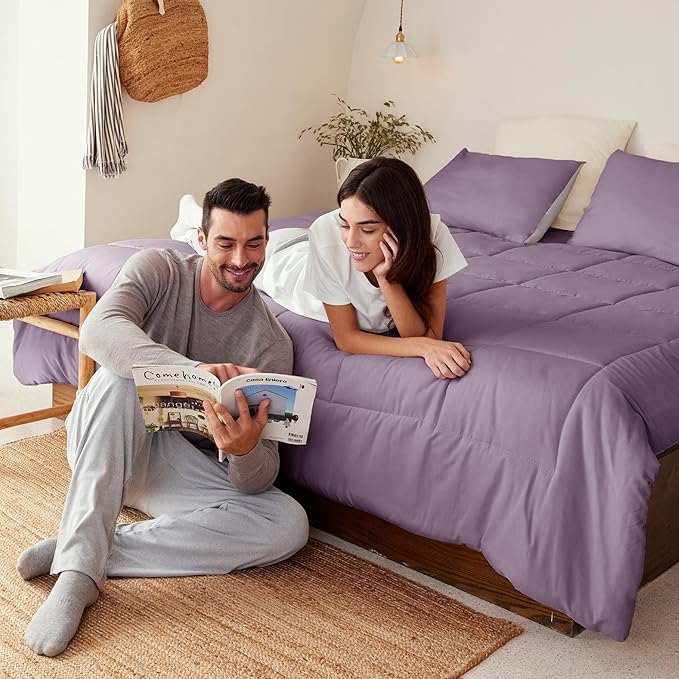 Exclusivo Mezcla Lightweight Reversible Twin Size Comforter Set, Down Alternative Comforter with 1 Pillow Sham, Twin Size Bedding Set for All Seasons, Dusty Lavender/Lilac Ash